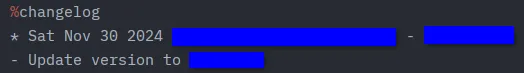 A screenshot of the %changelog section in a RPM spec file, showing the last change was made on 30 Nov 2024.